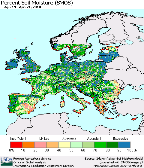 Europe Percent Soil Moisture (SMOS) Thematic Map For 4/16/2018 - 4/22/2018