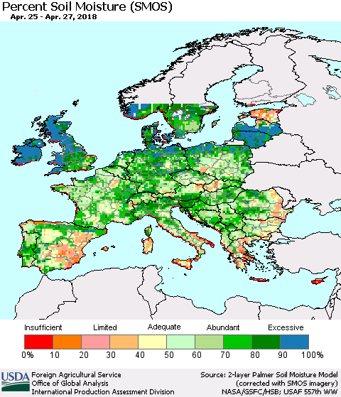 Europe Percent Soil Moisture (SMOS) Thematic Map For 4/23/2018 - 4/29/2018