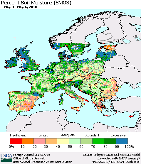 Europe Percent Soil Moisture (SMOS) Thematic Map For 4/30/2018 - 5/6/2018