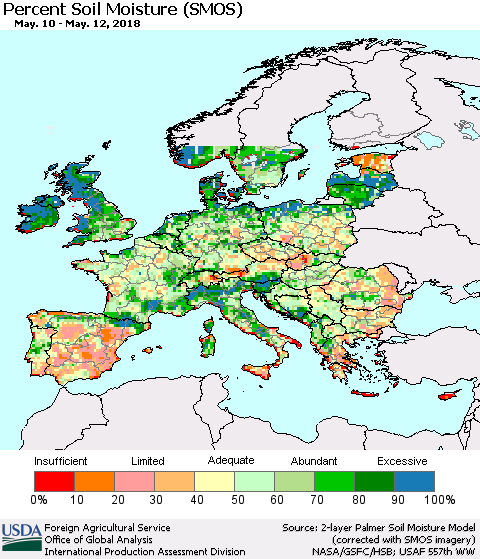 Europe Percent Soil Moisture (SMOS) Thematic Map For 5/7/2018 - 5/13/2018
