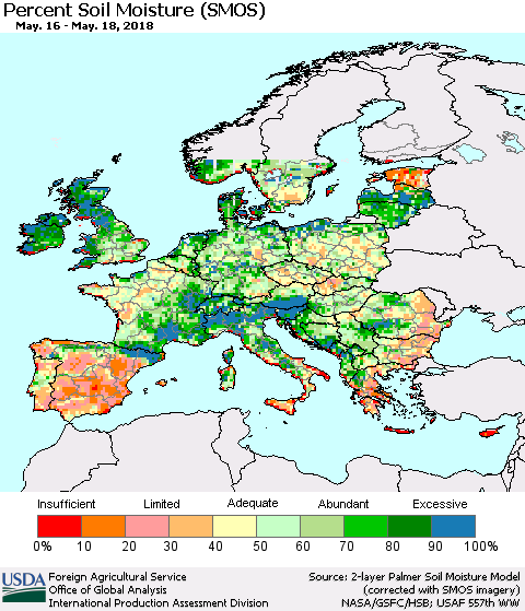 Europe Percent Soil Moisture (SMOS) Thematic Map For 5/14/2018 - 5/20/2018