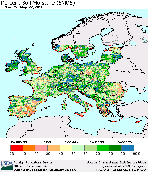 Europe Percent Soil Moisture (SMOS) Thematic Map For 5/21/2018 - 5/27/2018