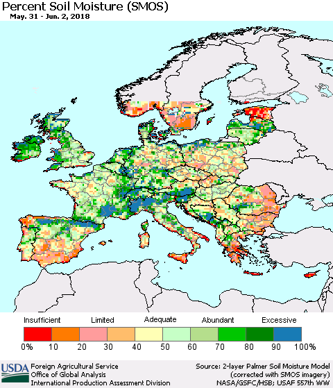 Europe Percent Soil Moisture (SMOS) Thematic Map For 5/28/2018 - 6/3/2018