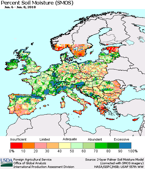 Europe Percent Soil Moisture (SMOS) Thematic Map For 6/4/2018 - 6/10/2018