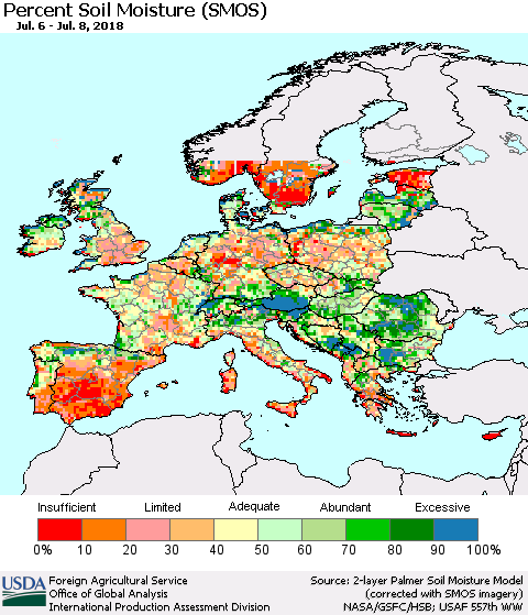 Europe Percent Soil Moisture (SMOS) Thematic Map For 7/2/2018 - 7/8/2018