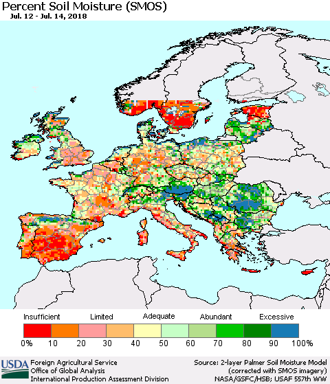 Europe Percent Soil Moisture (SMOS) Thematic Map For 7/9/2018 - 7/15/2018