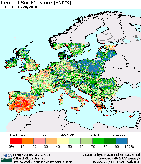 Europe Percent Soil Moisture (SMOS) Thematic Map For 7/16/2018 - 7/22/2018