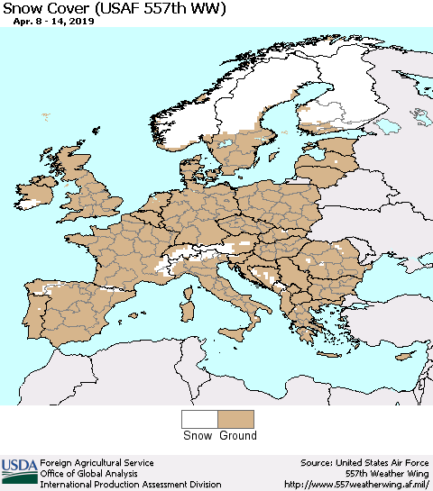 Europe Snow Cover (USAF 557th WW) Thematic Map For 4/8/2019 - 4/14/2019