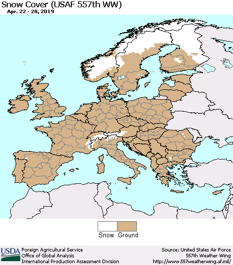 Europe Snow Cover (USAF 557th WW) Thematic Map For 4/22/2019 - 4/28/2019
