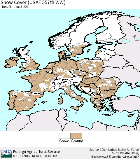 Europe Snow Cover (USAF 557th WW) Thematic Map For 12/28/2020 - 1/3/2021