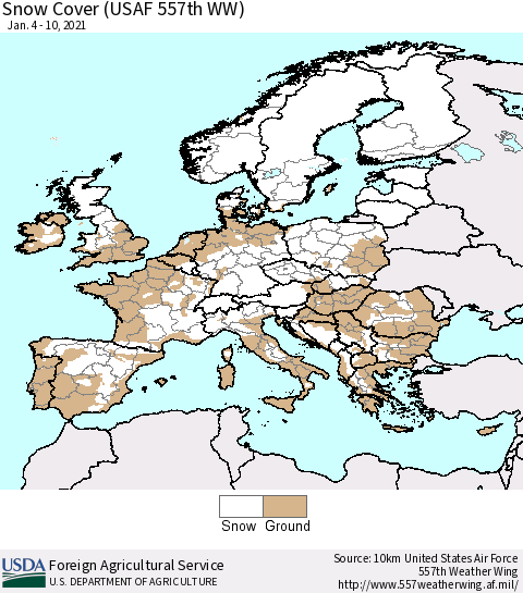 Europe Snow Cover (USAF 557th WW) Thematic Map For 1/4/2021 - 1/10/2021