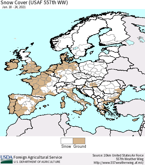 Europe Snow Cover (USAF 557th WW) Thematic Map For 1/18/2021 - 1/24/2021