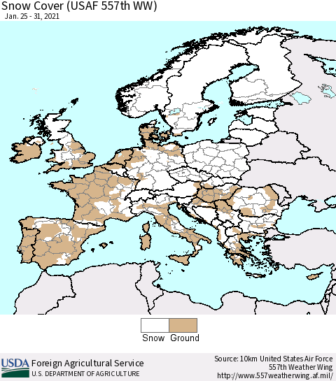 Europe Snow Cover (USAF 557th WW) Thematic Map For 1/25/2021 - 1/31/2021