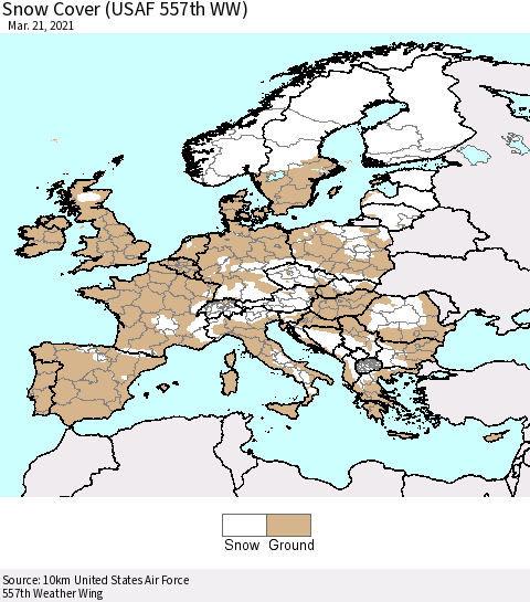Europe Snow Cover (USAF 557th WW) Thematic Map For 3/15/2021 - 3/21/2021