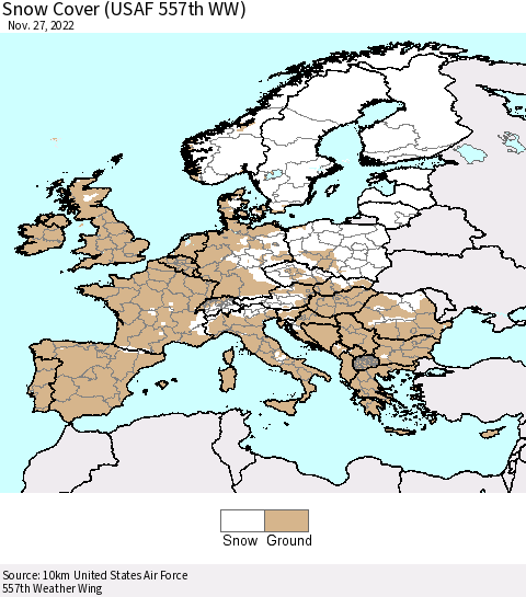 Europe Snow Cover (USAF 557th WW) Thematic Map For 11/21/2022 - 11/27/2022