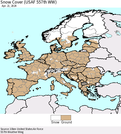 Europe Snow Cover (USAF 557th WW) Thematic Map For 4/15/2024 - 4/21/2024