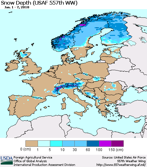 Europe Snow Depth (USAF 557th WW) Thematic Map For 1/1/2018 - 1/7/2018
