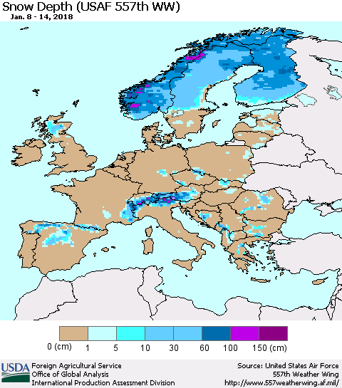 Europe Snow Depth (USAF 557th WW) Thematic Map For 1/8/2018 - 1/14/2018