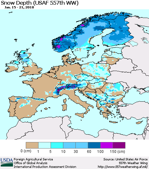 Europe Snow Depth (USAF 557th WW) Thematic Map For 1/15/2018 - 1/21/2018