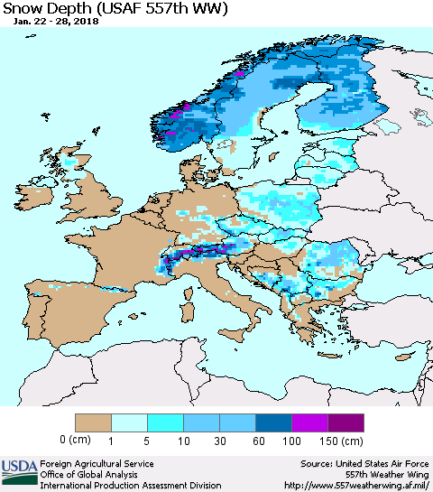 Europe Snow Depth (USAF 557th WW) Thematic Map For 1/22/2018 - 1/28/2018