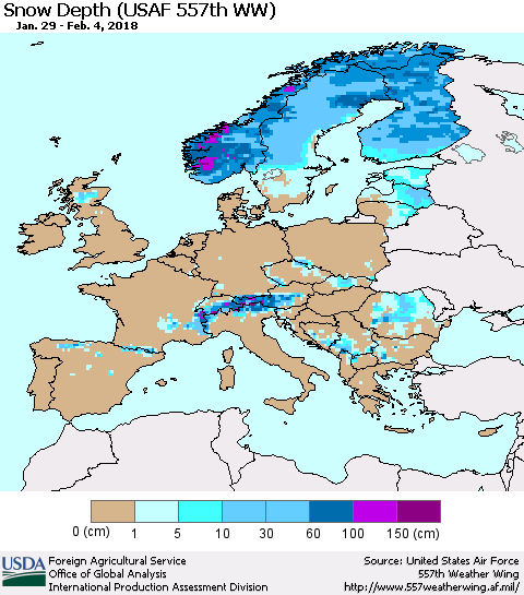 Europe Snow Depth (USAF 557th WW) Thematic Map For 1/29/2018 - 2/4/2018