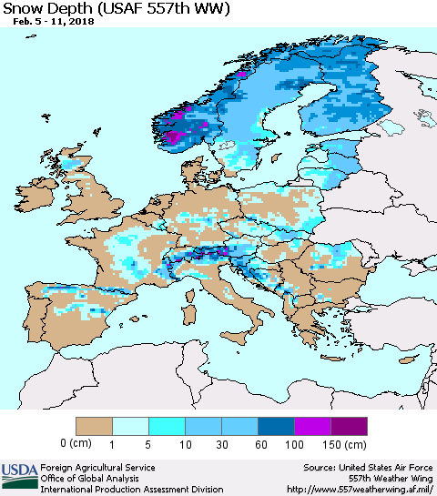 Europe Snow Depth (USAF 557th WW) Thematic Map For 2/5/2018 - 2/11/2018