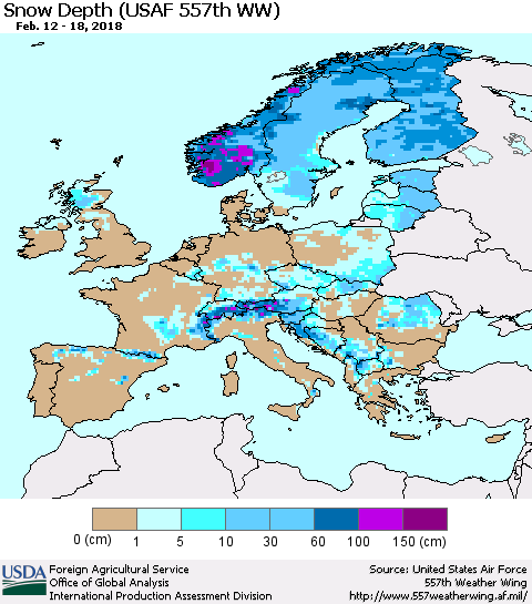Europe Snow Depth (USAF 557th WW) Thematic Map For 2/12/2018 - 2/18/2018