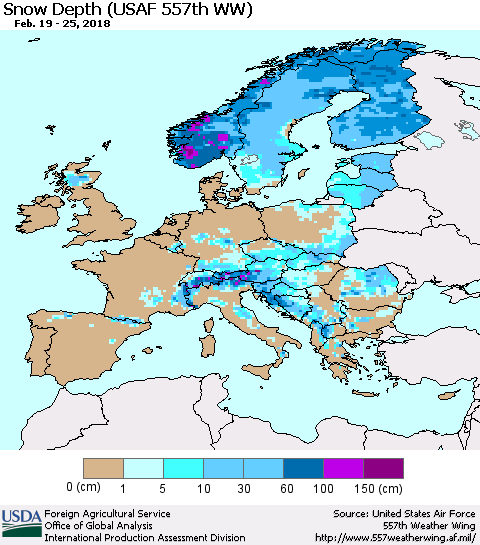 Europe Snow Depth (USAF 557th WW) Thematic Map For 2/19/2018 - 2/25/2018