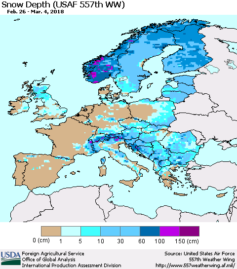 Europe Snow Depth (USAF 557th WW) Thematic Map For 2/26/2018 - 3/4/2018