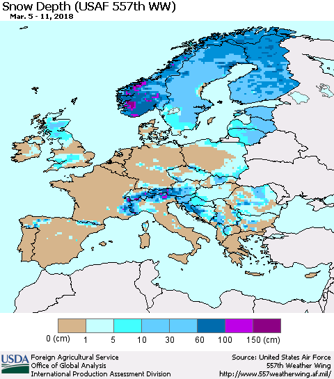 Europe Snow Depth (USAF 557th WW) Thematic Map For 3/5/2018 - 3/11/2018