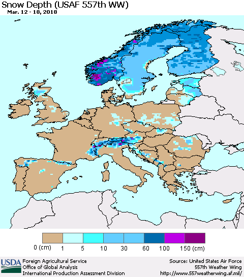 Europe Snow Depth (USAF 557th WW) Thematic Map For 3/12/2018 - 3/18/2018