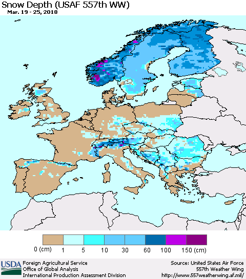 Europe Snow Depth (USAF 557th WW) Thematic Map For 3/19/2018 - 3/25/2018