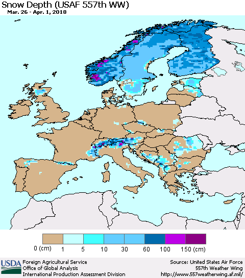 Europe Snow Depth (USAF 557th WW) Thematic Map For 3/26/2018 - 4/1/2018