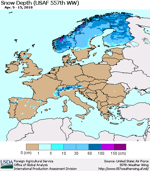 Europe Snow Depth (USAF 557th WW) Thematic Map For 4/9/2018 - 4/15/2018