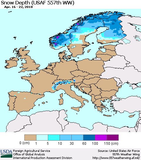 Europe Snow Depth (USAF 557th WW) Thematic Map For 4/16/2018 - 4/22/2018