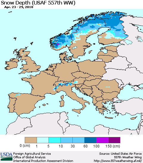 Europe Snow Depth (USAF 557th WW) Thematic Map For 4/23/2018 - 4/29/2018