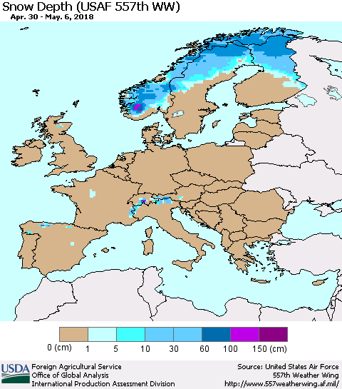 Europe Snow Depth (USAF 557th WW) Thematic Map For 4/30/2018 - 5/6/2018