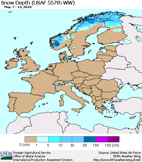 Europe Snow Depth (USAF 557th WW) Thematic Map For 5/7/2018 - 5/13/2018