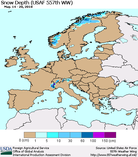 Europe Snow Depth (USAF 557th WW) Thematic Map For 5/14/2018 - 5/20/2018