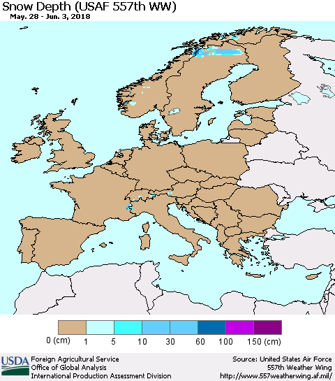 Europe Snow Depth (USAF 557th WW) Thematic Map For 5/28/2018 - 6/3/2018