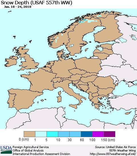 Europe Snow Depth (USAF 557th WW) Thematic Map For 6/18/2018 - 6/24/2018