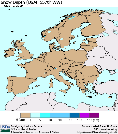 Europe Snow Depth (USAF 557th WW) Thematic Map For 7/2/2018 - 7/8/2018