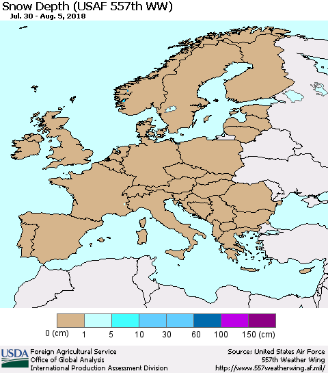 Europe Snow Depth (USAF 557th WW) Thematic Map For 7/30/2018 - 8/5/2018