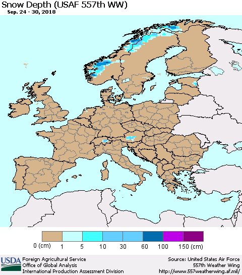Europe Snow Depth (USAF 557th WW) Thematic Map For 9/24/2018 - 9/30/2018