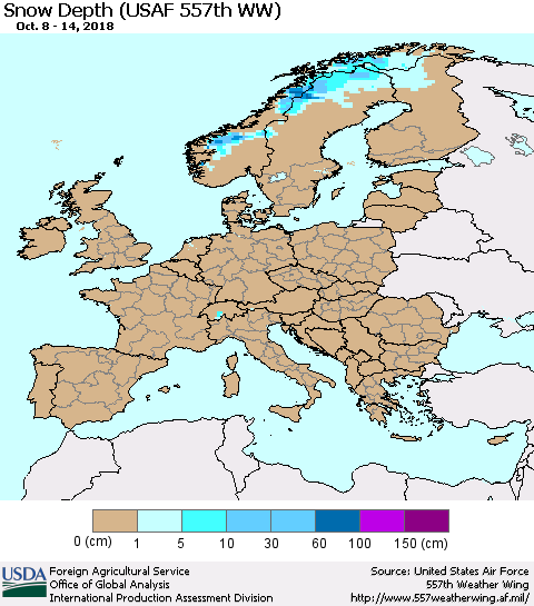 Europe Snow Depth (USAF 557th WW) Thematic Map For 10/8/2018 - 10/14/2018