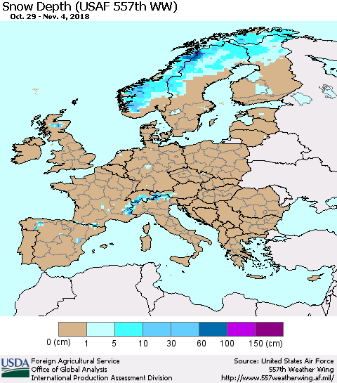 Europe Snow Depth (USAF 557th WW) Thematic Map For 10/29/2018 - 11/4/2018