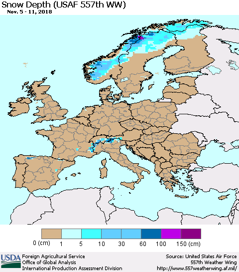 Europe Snow Depth (USAF 557th WW) Thematic Map For 11/5/2018 - 11/11/2018