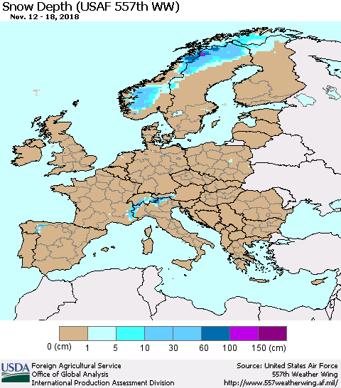 Europe Snow Depth (USAF 557th WW) Thematic Map For 11/12/2018 - 11/18/2018