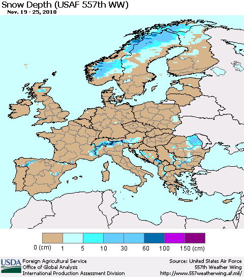Europe Snow Depth (USAF 557th WW) Thematic Map For 11/19/2018 - 11/25/2018
