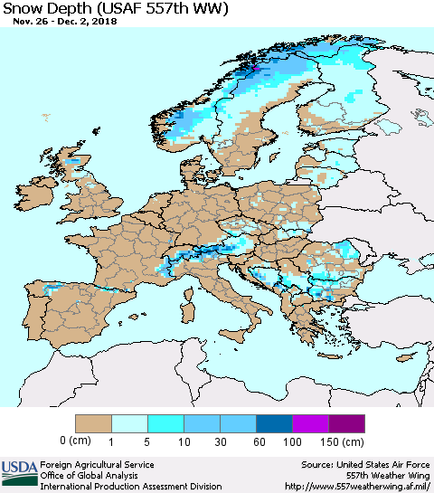 Europe Snow Depth (USAF 557th WW) Thematic Map For 11/26/2018 - 12/2/2018